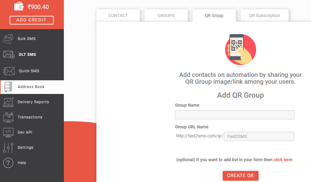 Create QR group in Fast2SMS