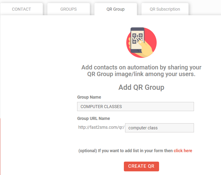QR contacts at Fast2SMS
