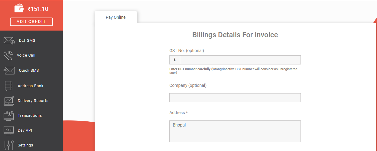 billing at fast2sms