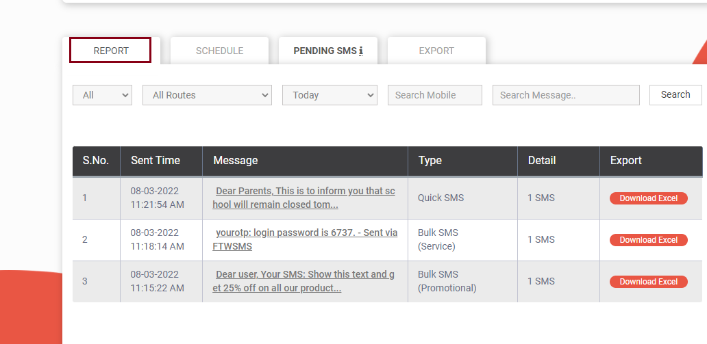 Report sms tab in delivery reports