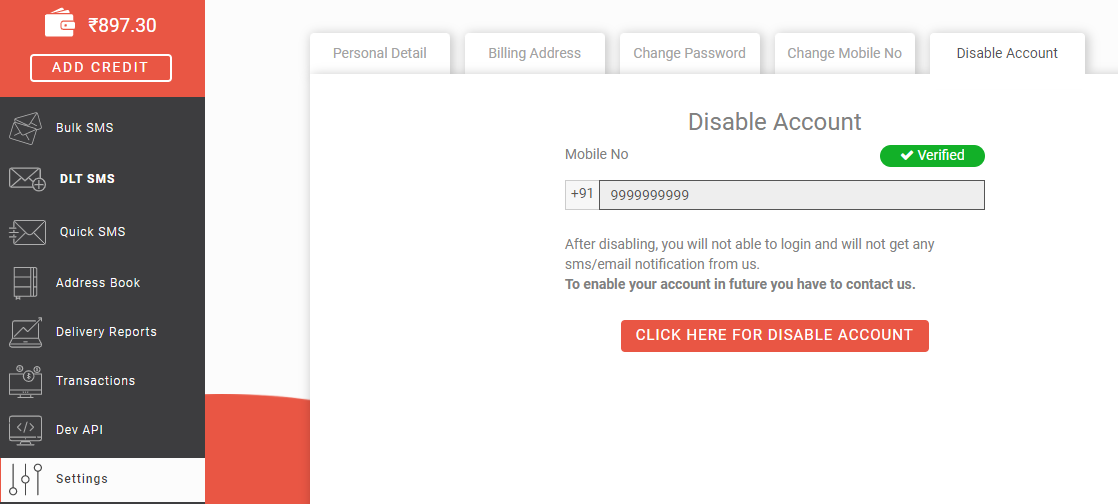 How to disable account in Fast2SMS?