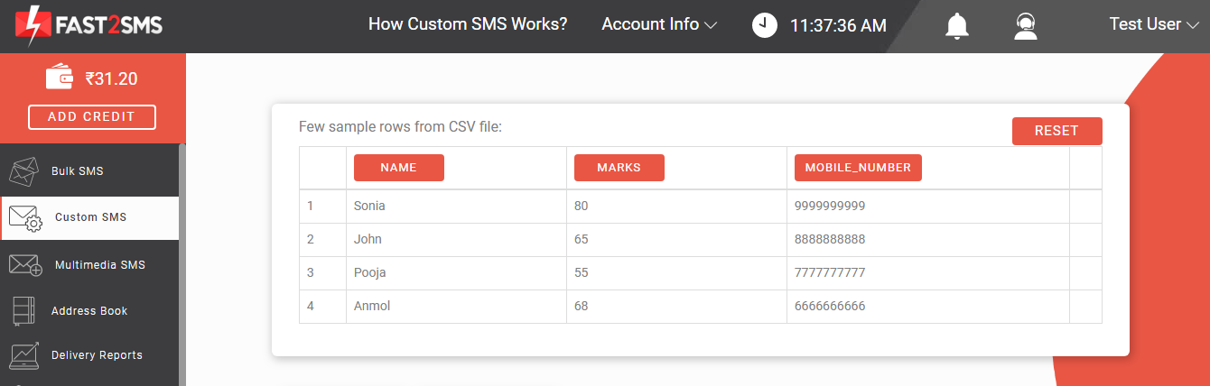Custom SMS CSV file