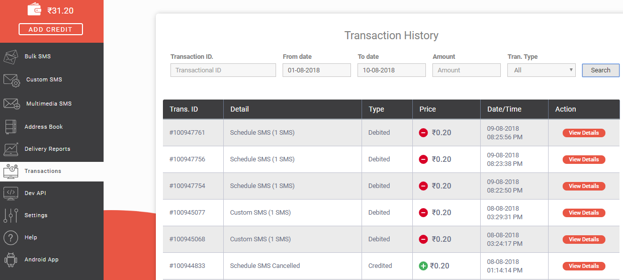 Transaction history time View Details