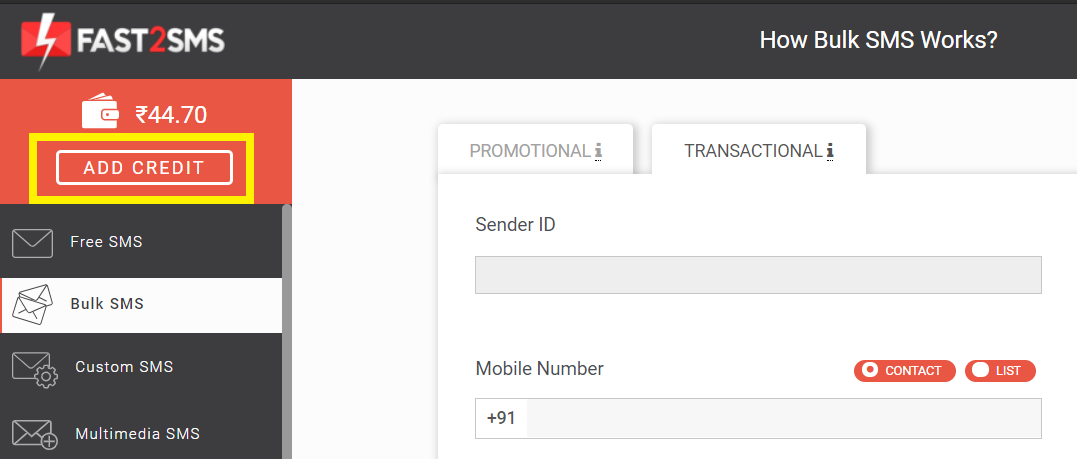 Add credit in Fast2SMS