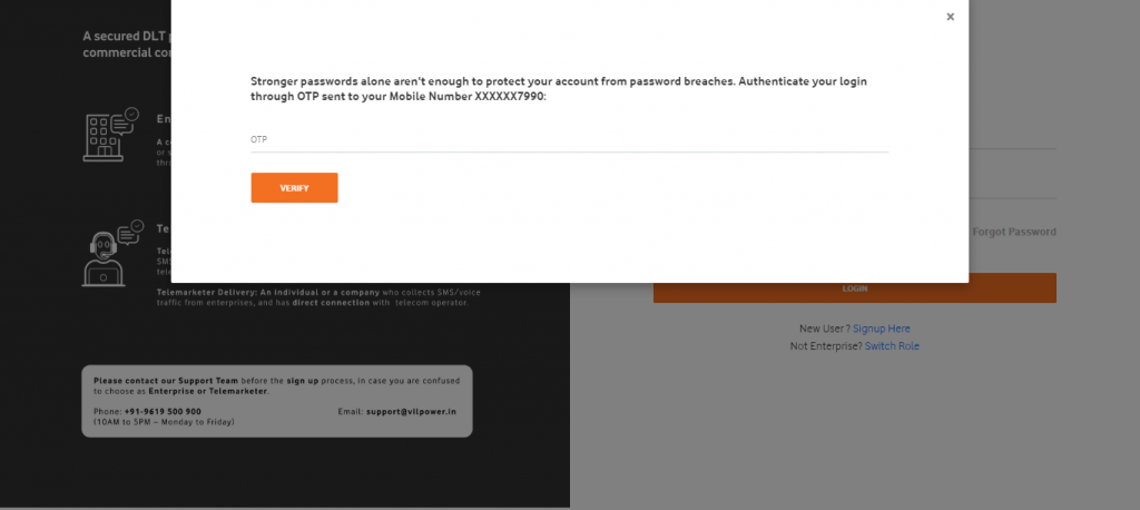 Vodafone DLT OTP verify login