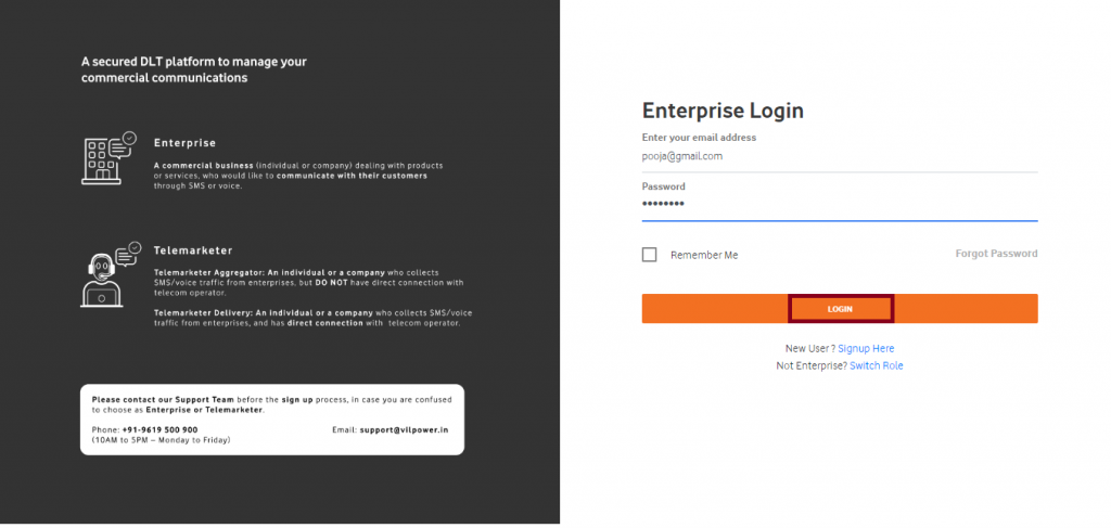 Vodafone DLT login after registration