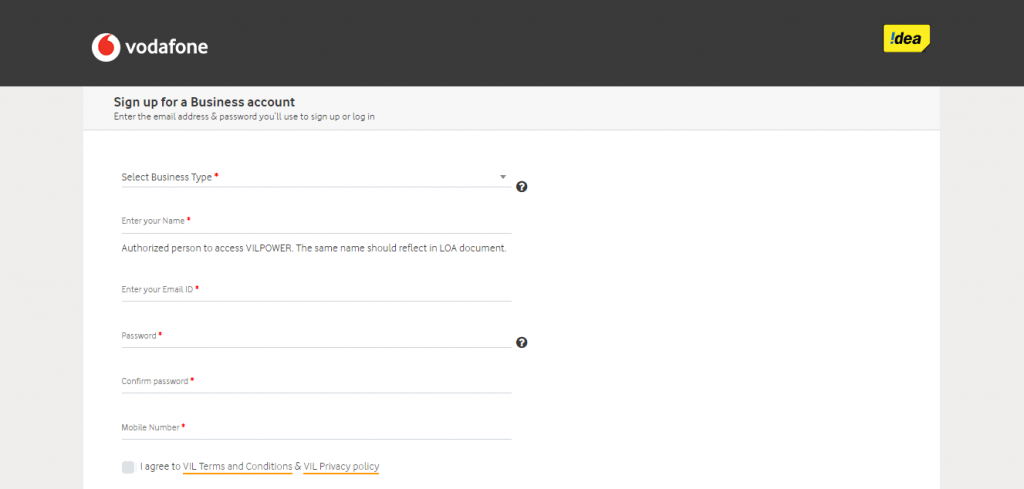 Vodafone Idea DLT Enter name page