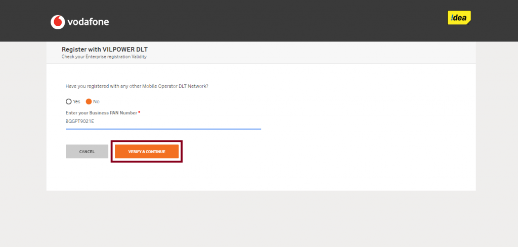 Vodafone Idea DLT PAN enter