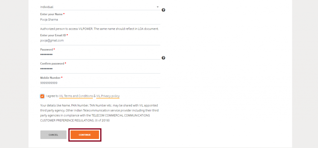 Vodafone Idea DLT enter details and continue