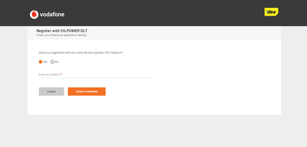 Vodafone Idea DLT entity enter page