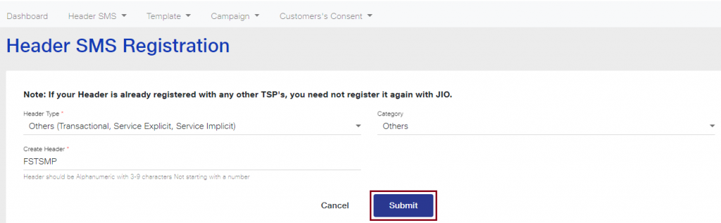 Create Header in Jio DLT