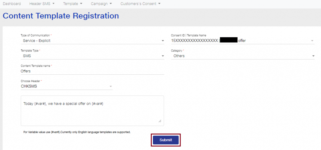 Content Template registration submit