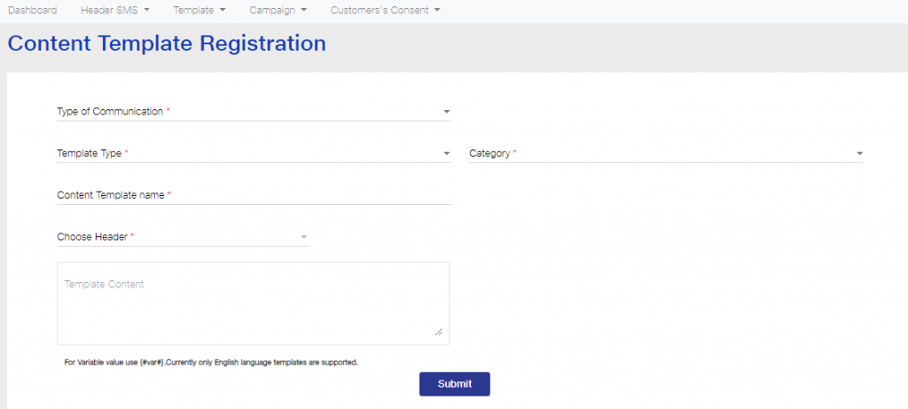 Content template registration page