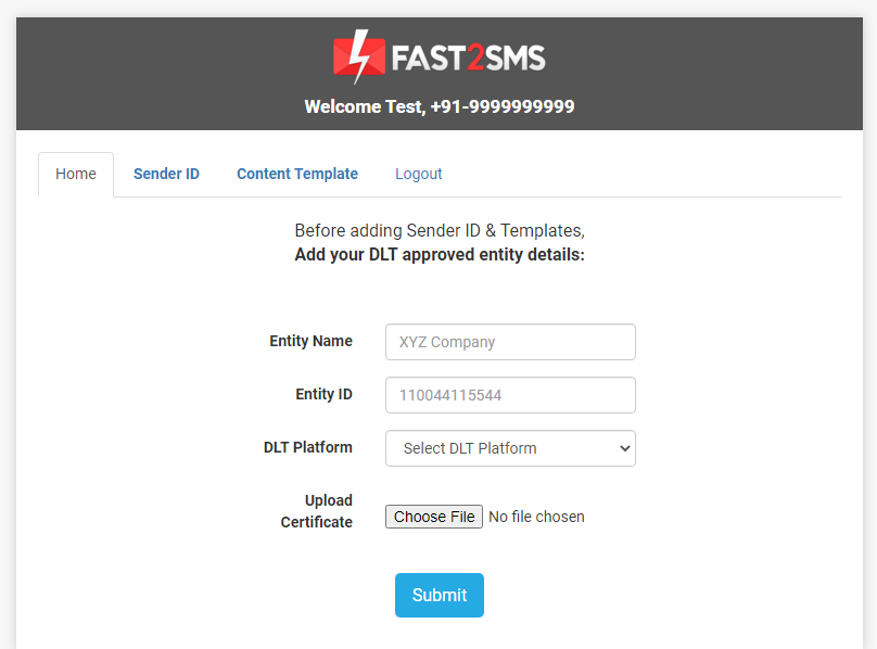 Dashboard DLT Fast2SMS