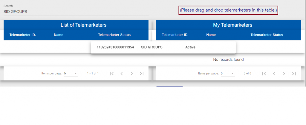 Telemarketer ID drag and drop