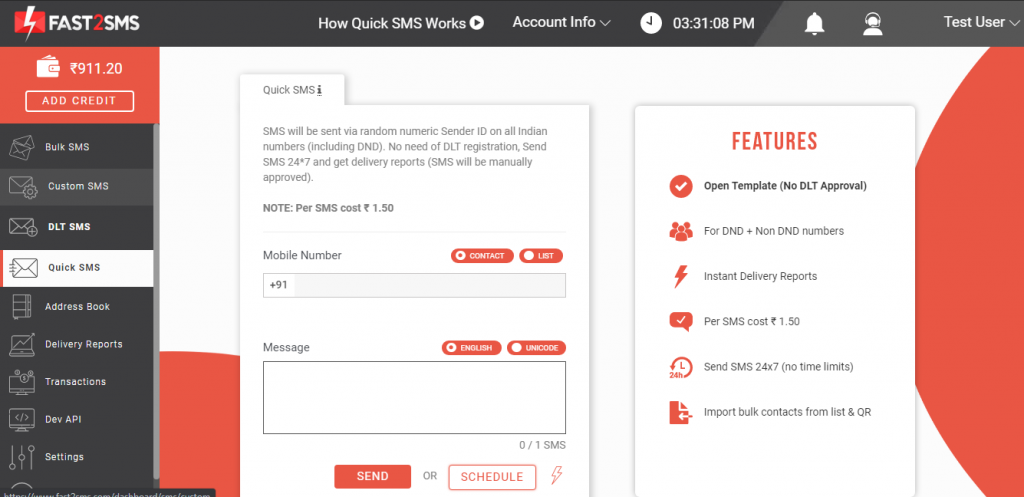 Quick SMS dashboard