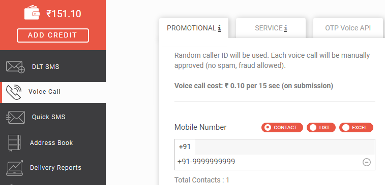 contact addition for voice calls at fast2sms.