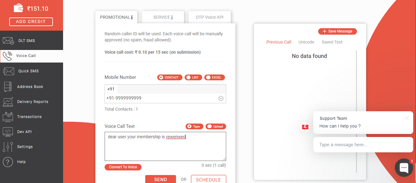 how to add mobile numbers for voice calls for fast2sms profile?