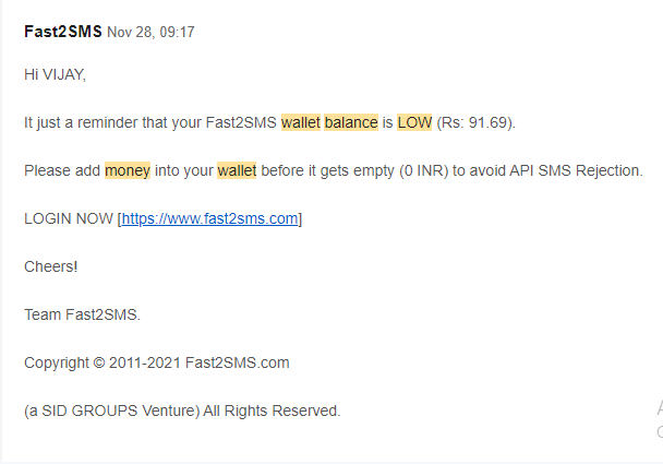 low balance email by fast2sms