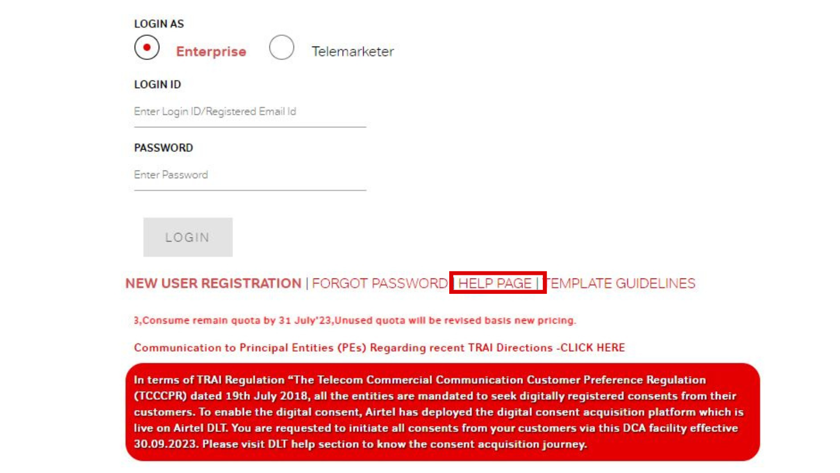 home page DLT Airtel