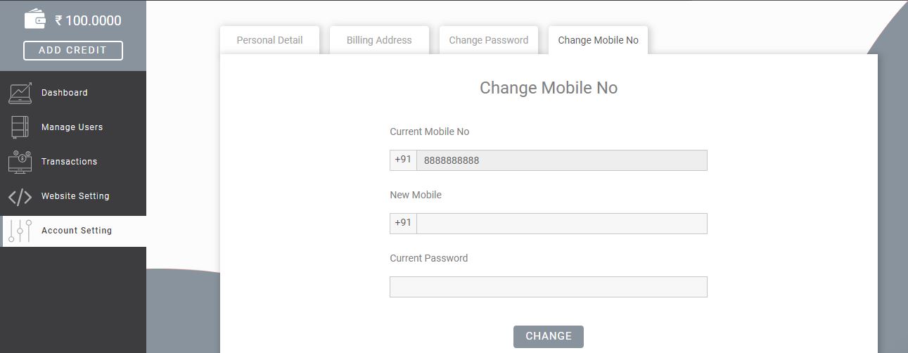 Fast2SMS Account setting section- change mobile number