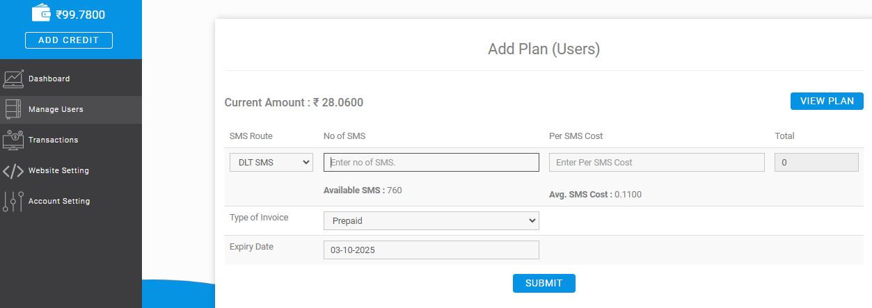 ADD plans at users panel at Fast2SMS bulk SMS reselling service provider