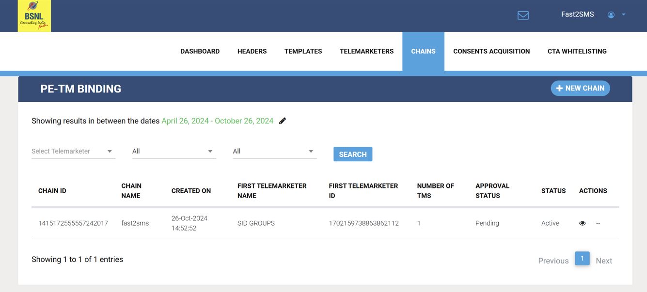 Step 6 PE TM binding chain BSNL DLT