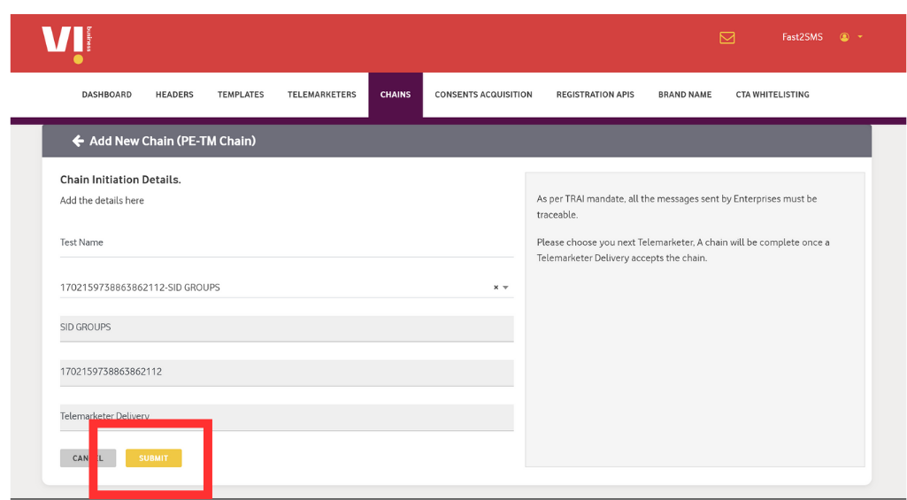 Vodaphone PE-TE binding chain process step 8