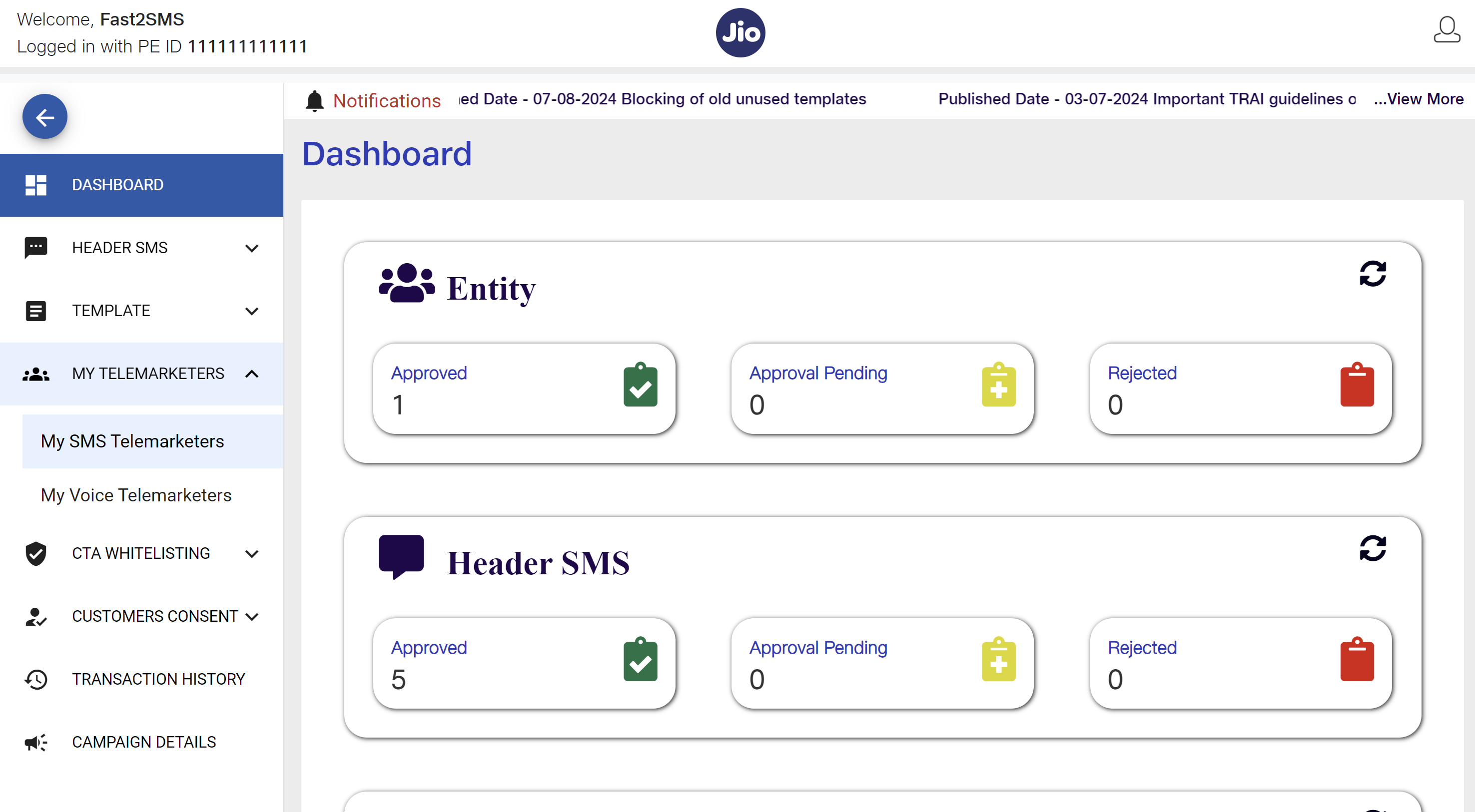 add telemarketer at JIO DLT step 1