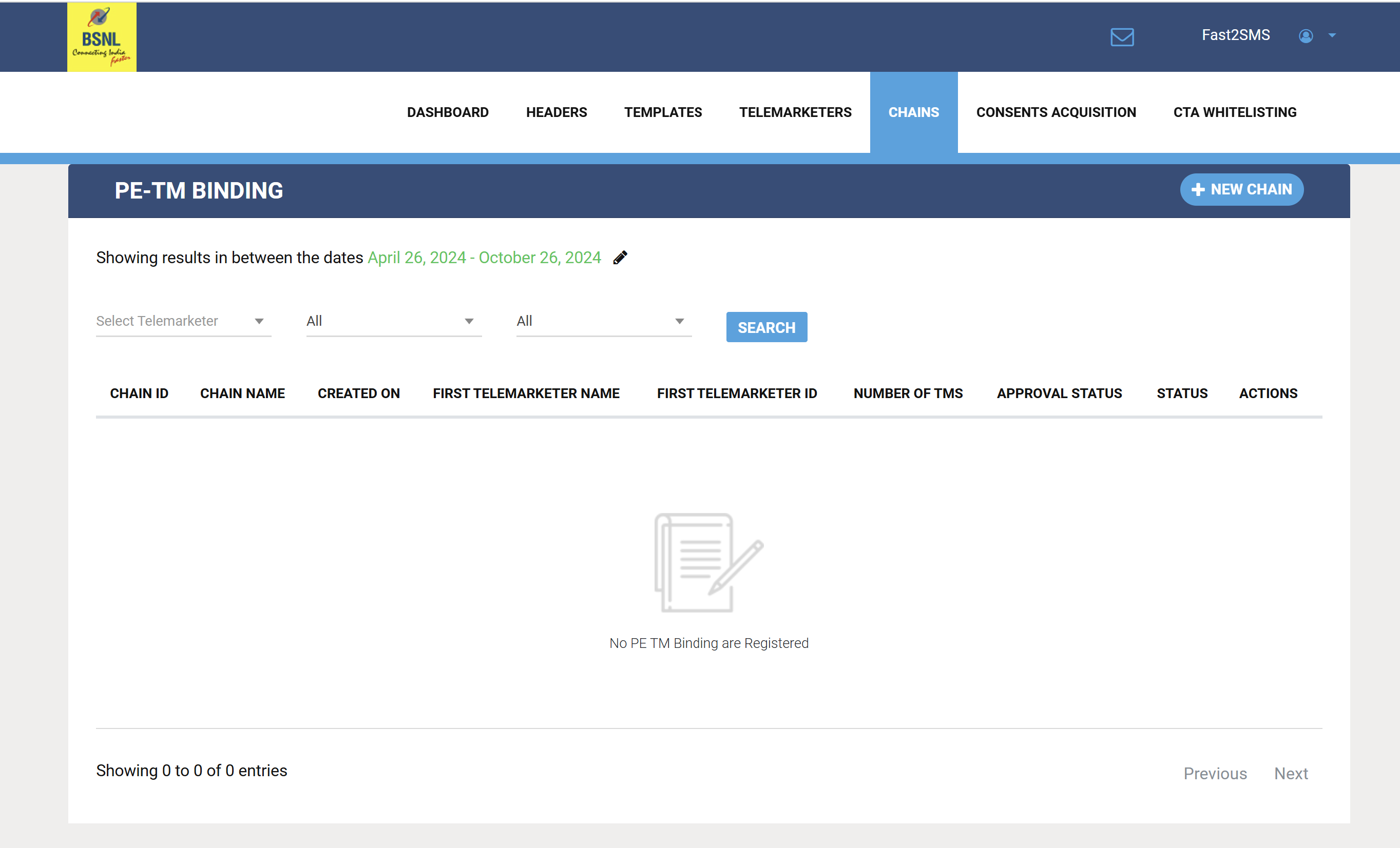 step 1 PE-TM Binding Chain at BSNL DLT