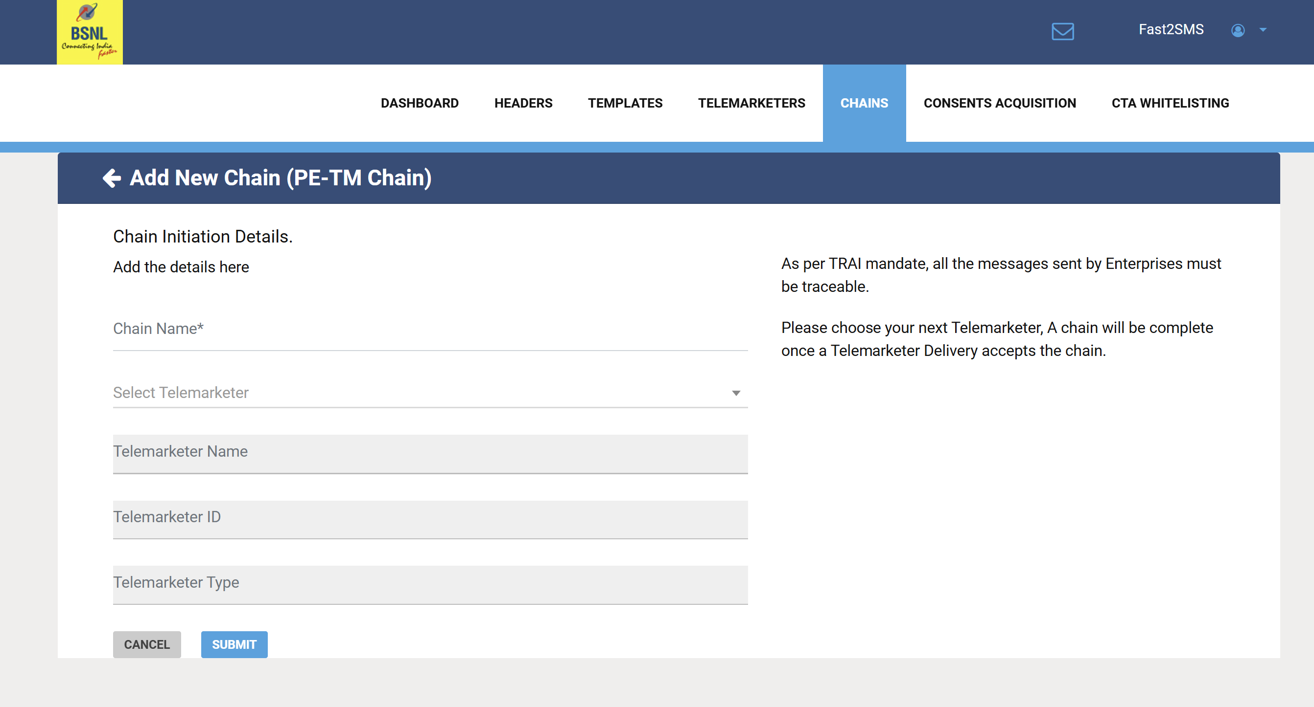step 2 PE TM Binding chain at BSNL DLT