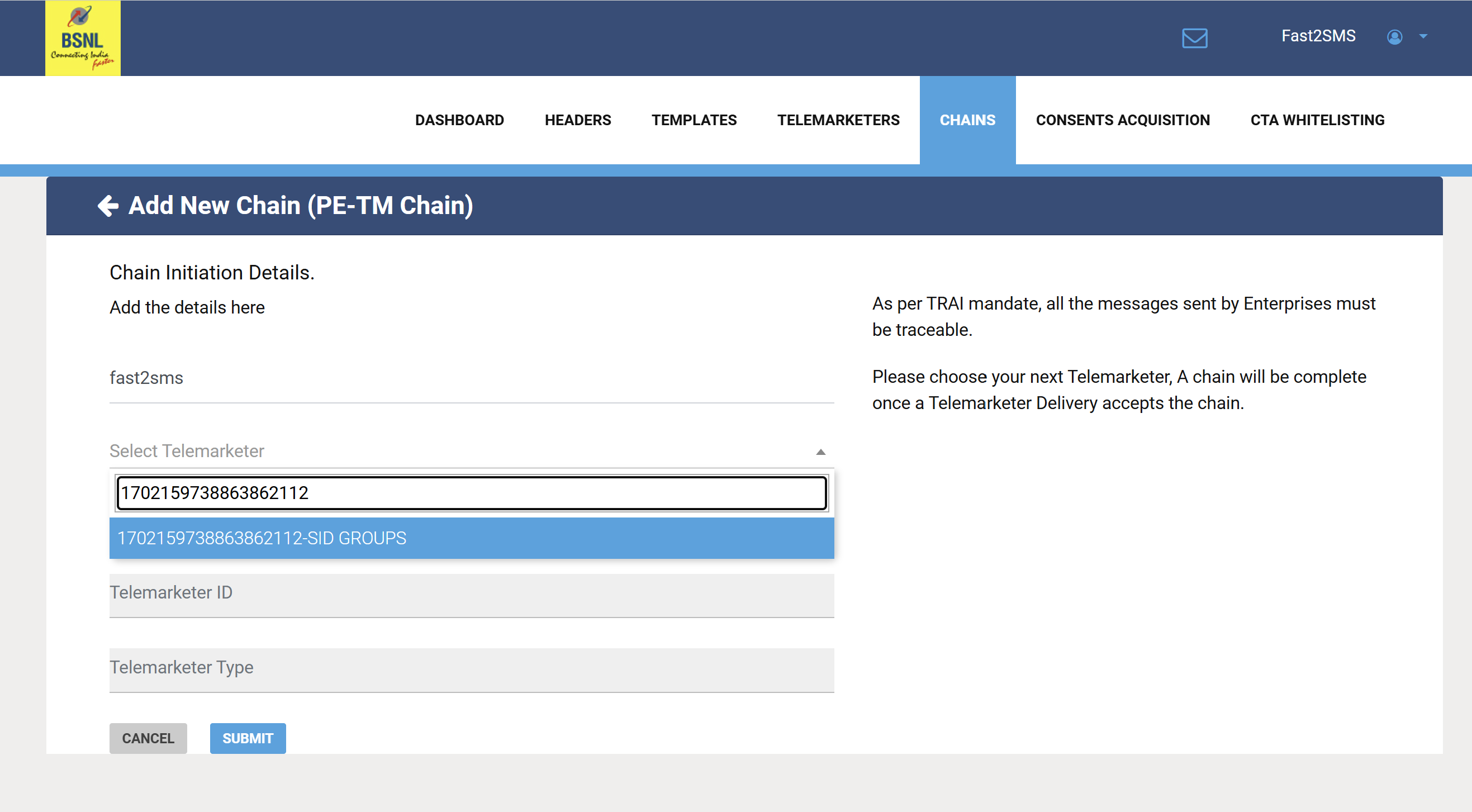step 3 PE TM Binding chain at BSNL DLT 