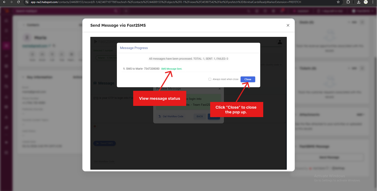 Pop Up For Successful Message Sent