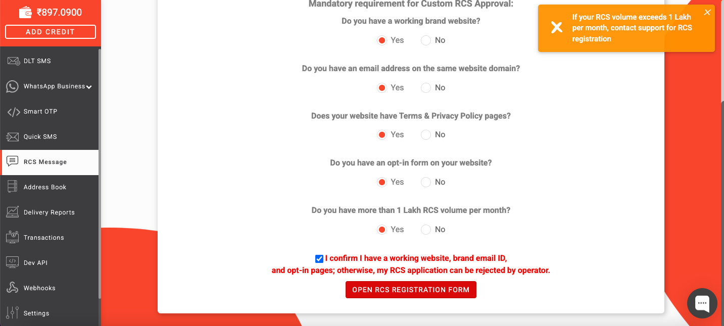 contact support team for rcs reg form