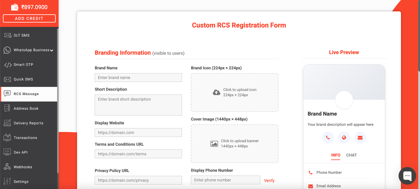 Custom rcs reg form