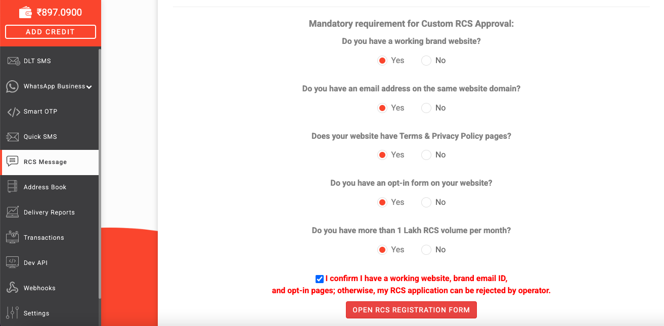 RCS registration steps checkbox
