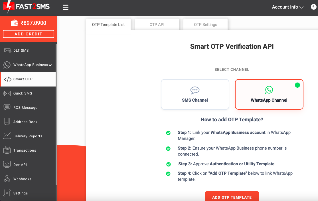 Smart OTP setup in the Fast2SMS panel with WhatsApp OTP and SMS as fallback