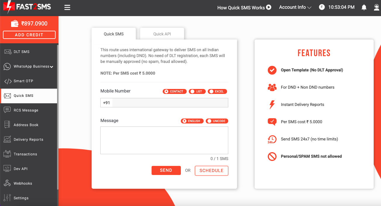 Quick SMS homepage
