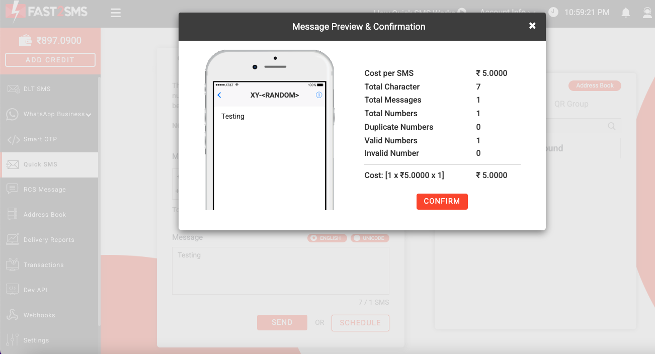Message confirmation quick sms