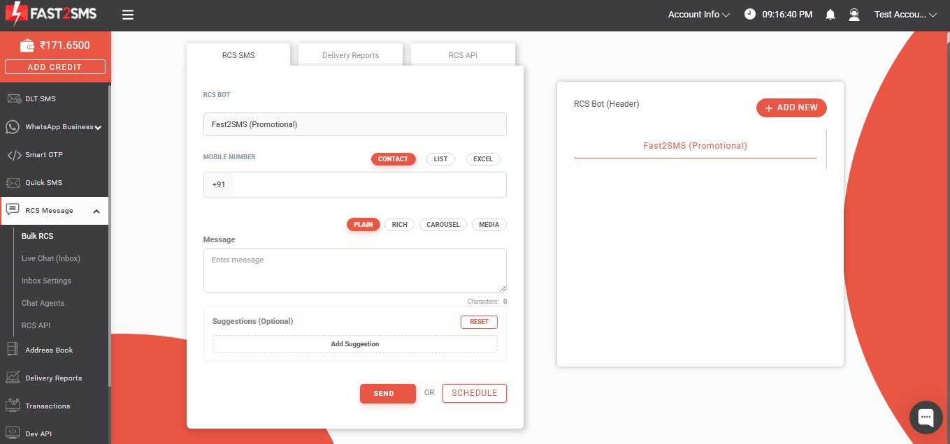 After bot approval Fast2sms dashboard