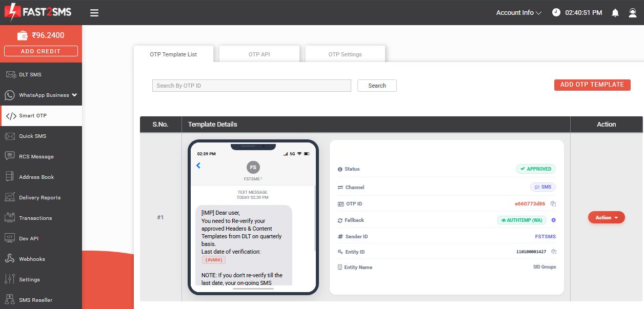 Smart otp feature message sent