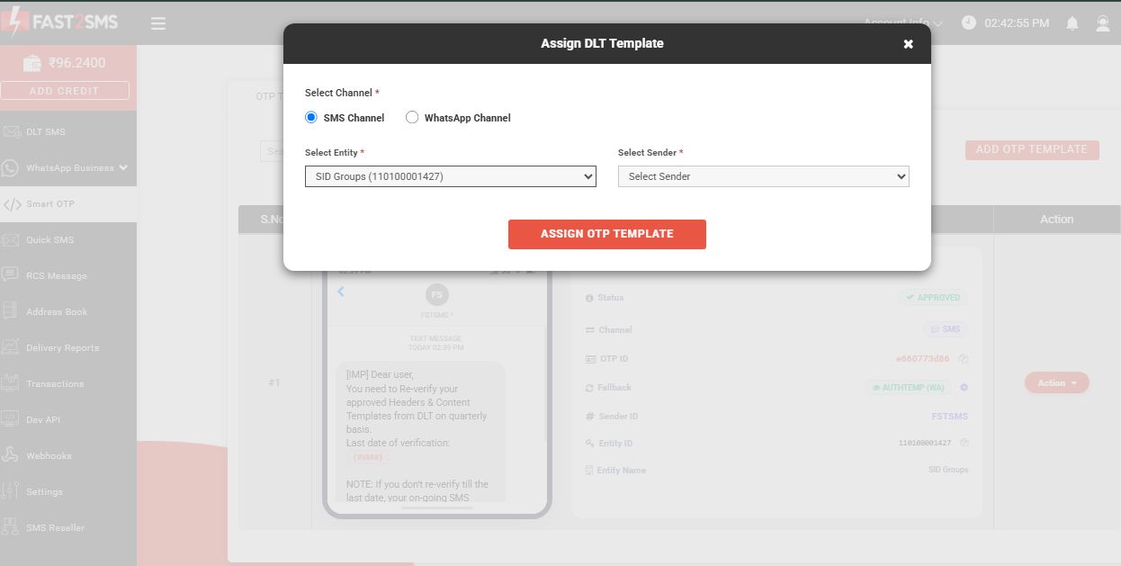 Selecting the DLT entity in the Fast2SMS panel