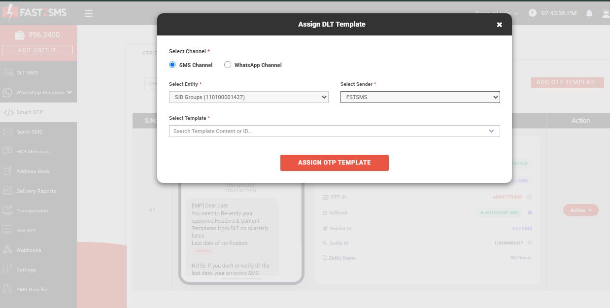Selecting the approved DLT sender ID in the Fast2SMS panel