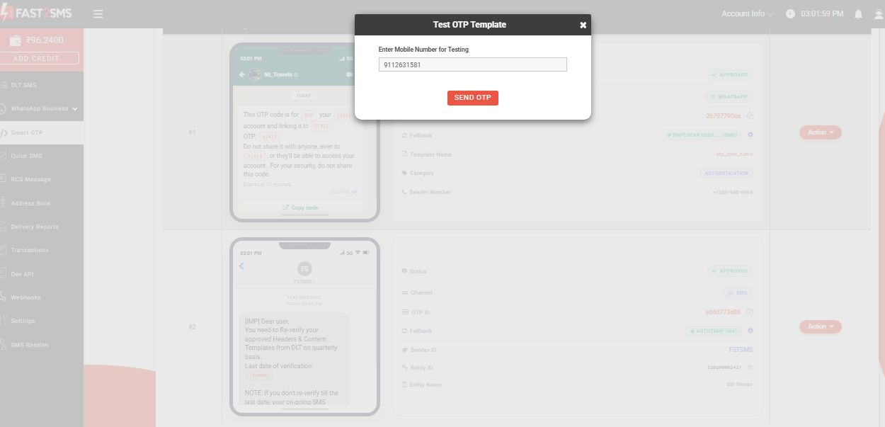whatsapp otp testing