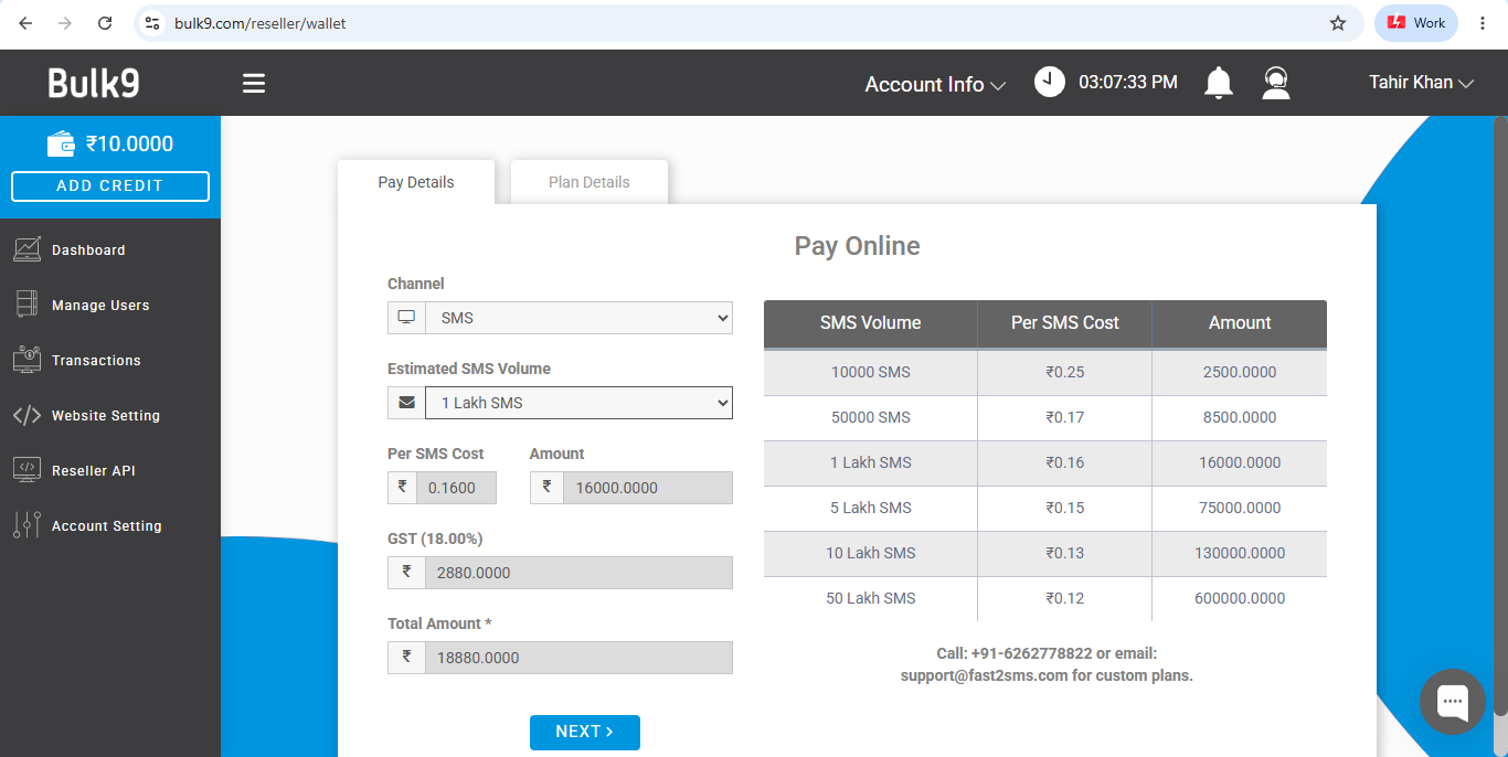 Add credit screen in Bulk9 with volume based reseller SMS pricing tiers