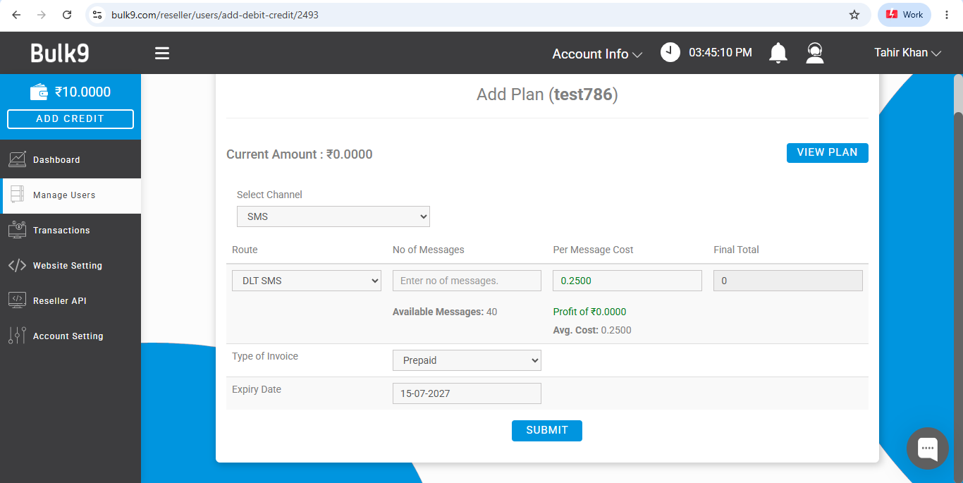 Add Plan screen in Bulk9 where the reseller sets per message price and sees live profit
