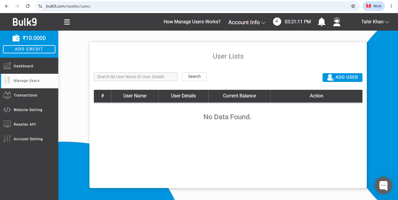 Manage Users section in Bulk9 before adding the first client