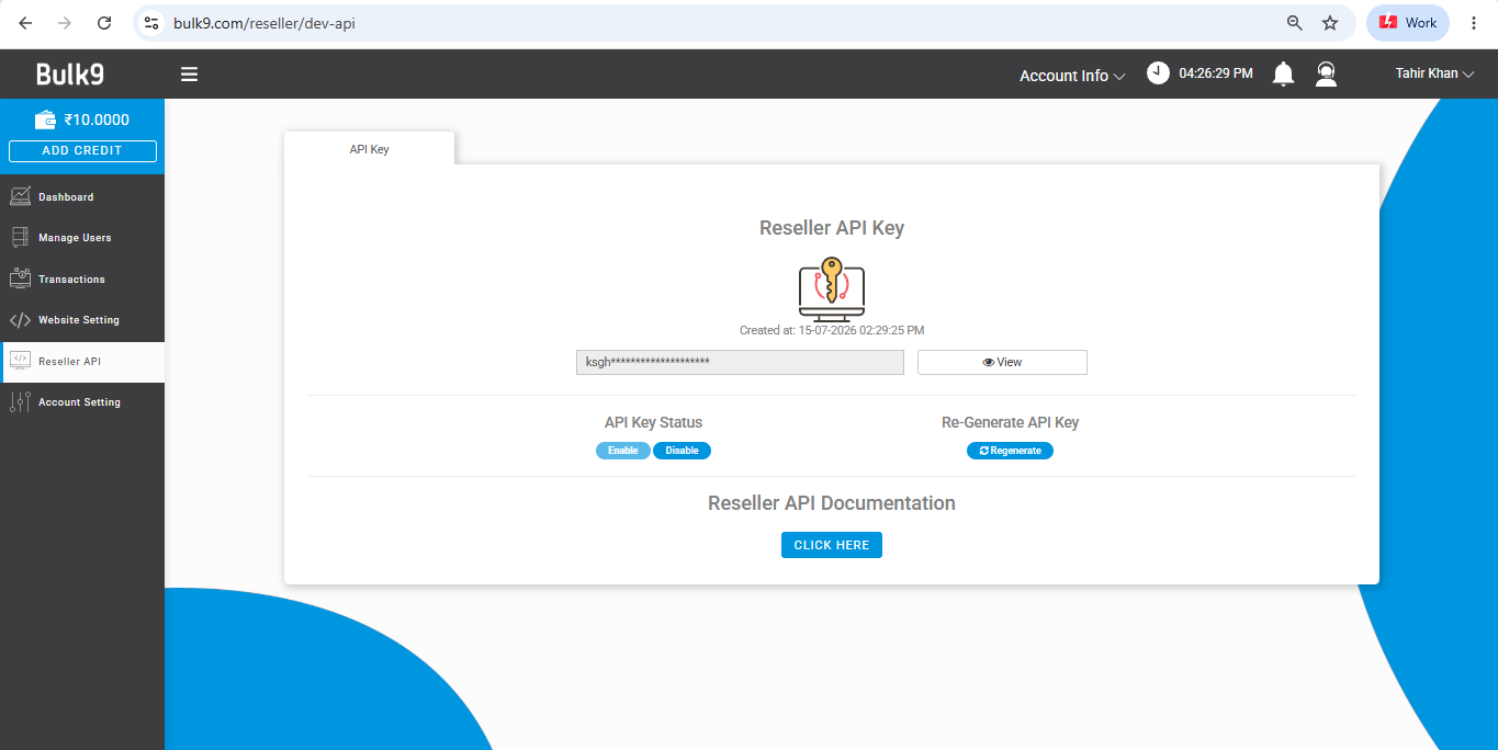 Reseller API key screen in Bulk9 with view, enable, disable and regenerate