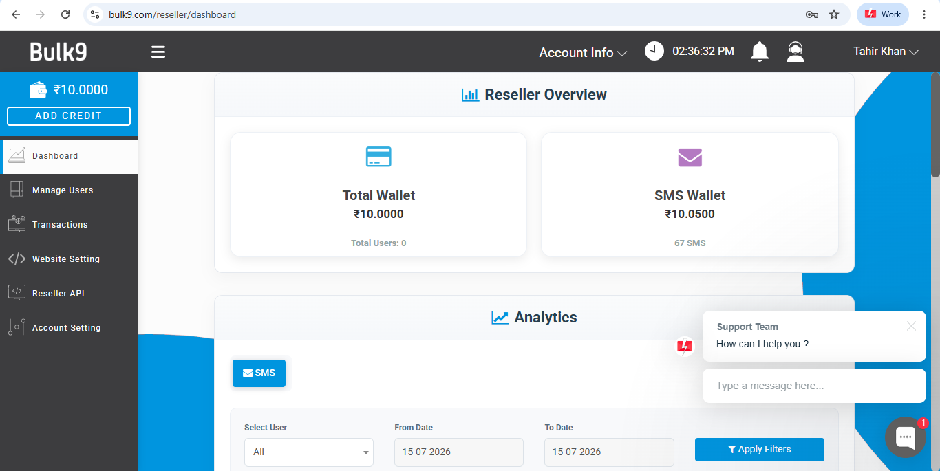 Bulk9 reseller dashboard with total wallet, SMS wallet and analytics