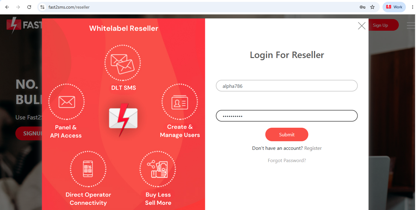 Reseller login form with username and password received by SMS